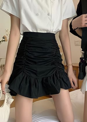 Ruched Mini Skirt In Black-XS