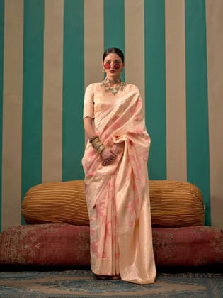Beige Pure Capri Linen Floral Designed Handloom Weaving Saree