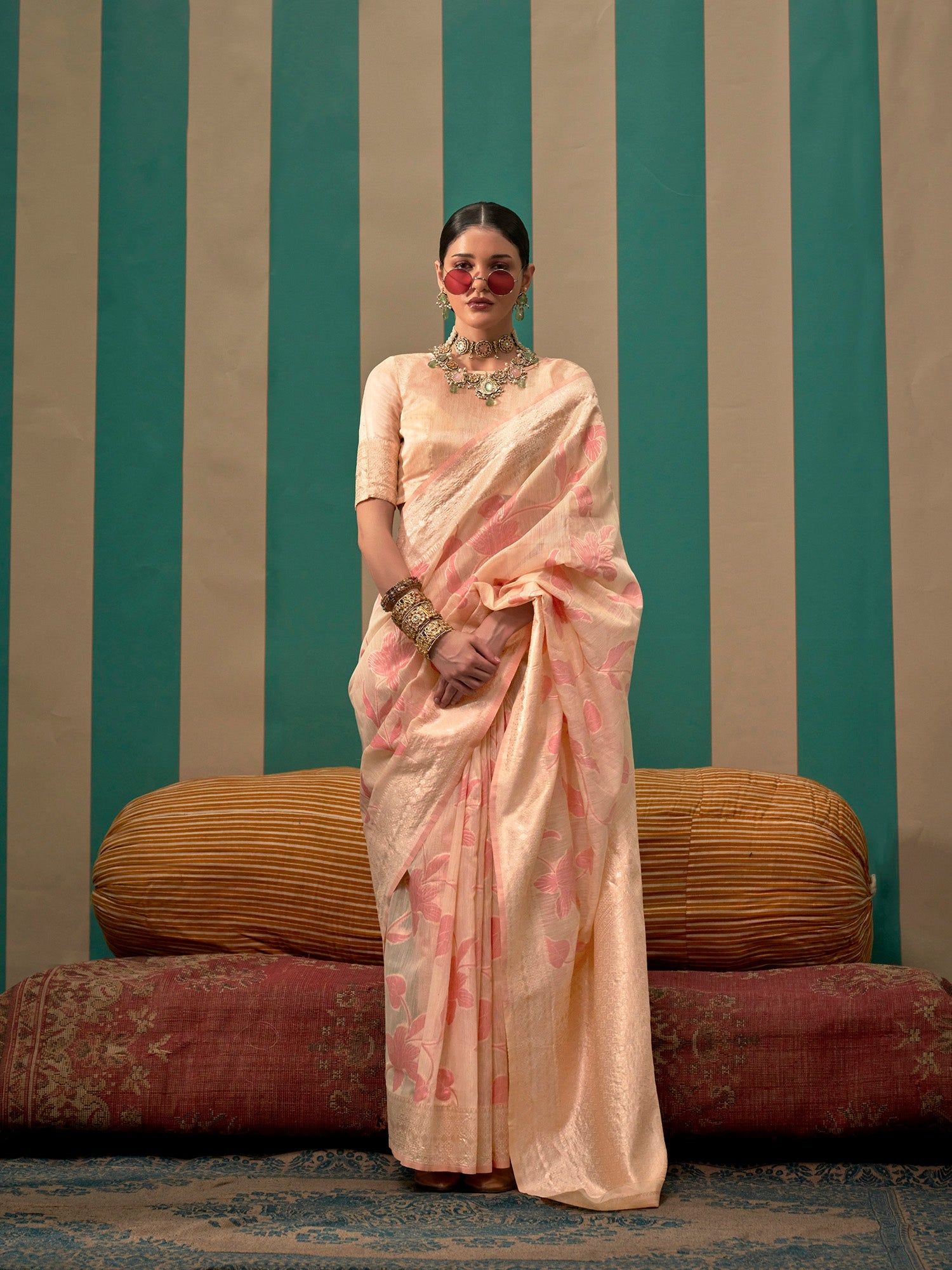 Beige Pure Capri Linen Floral Designed Handloom Weaving Saree