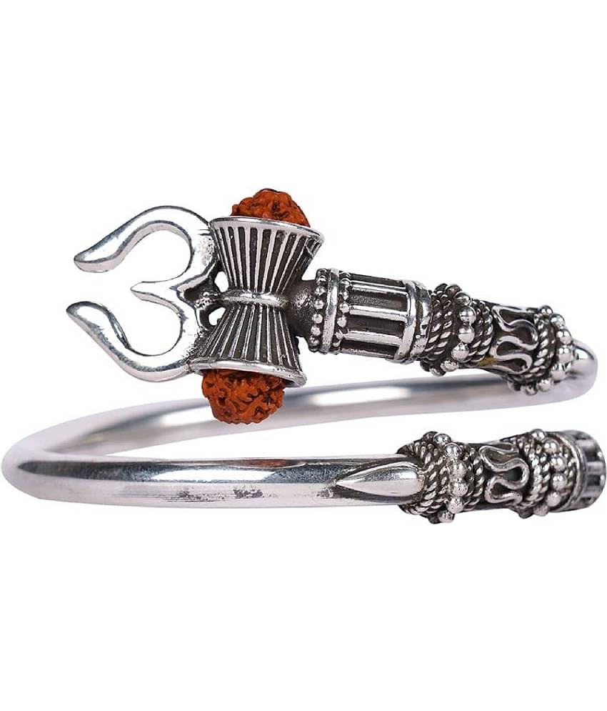 Silver Rudraksha Trishul Damroo Designer Kada Bracelet