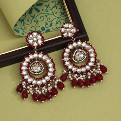 Maroon Color Kundan Earrings (KDE965MRN)-Length: 9.00 CM x Width: 4.50 CM / Maroon / Alloy With Good Quality Mehndi Gold Plated