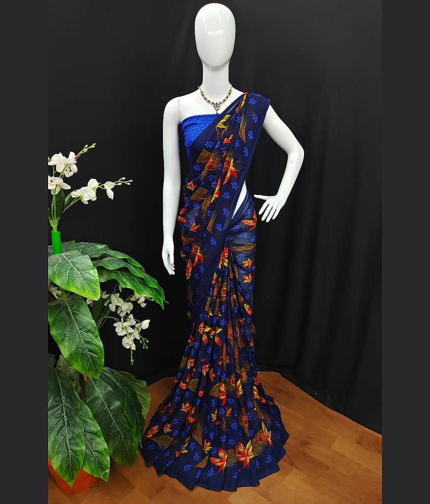 ANAND SAREES Georgette Printed Saree With Unstitched Blouse Piece ( Navy Blue )