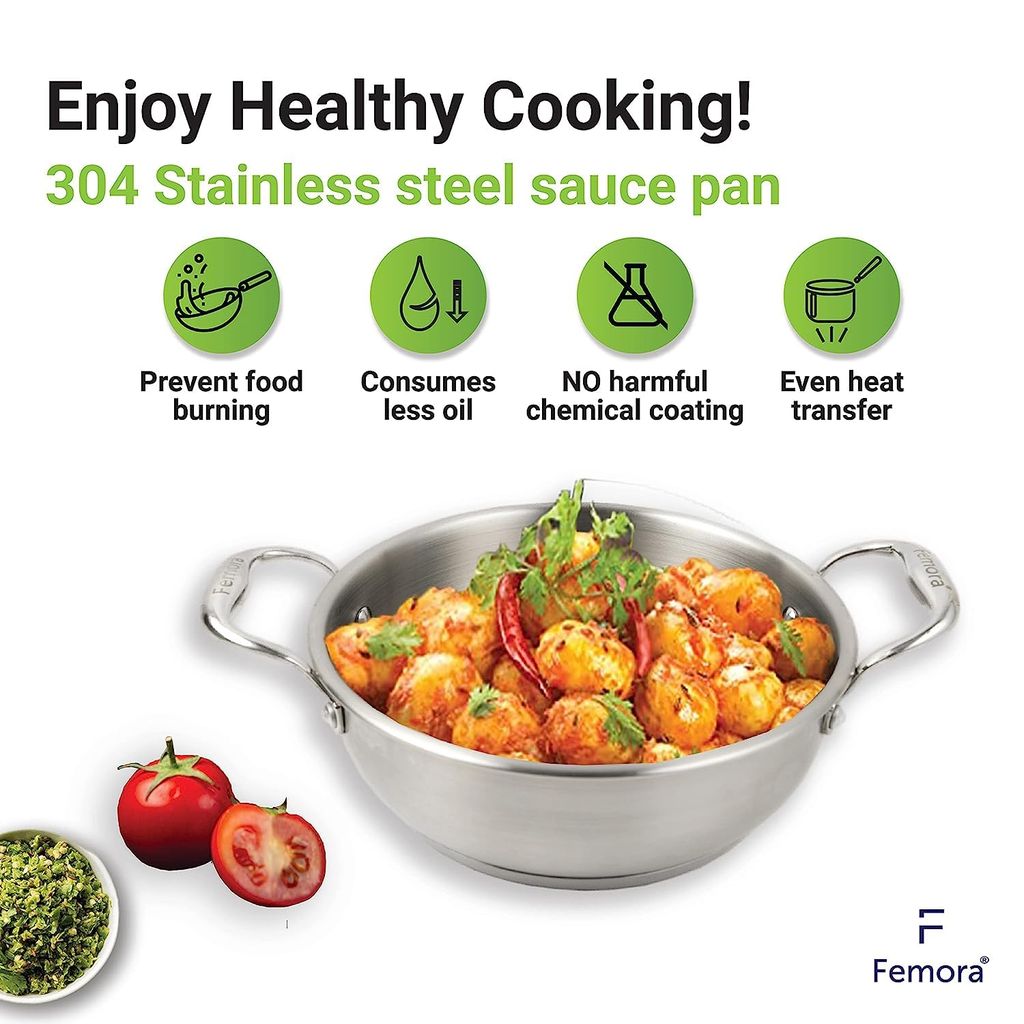 Femora Bottom Triply Stainless Steel 2 Pc Cookware Set, 24 cm Indian Kadai, 20 cm Frypan, Even and Fast Heating, Induction Bottom, Gas Ready, Silver
