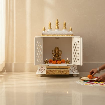 Wood Painted Beautiful White Temple For Home-Pooja Wall Mandir