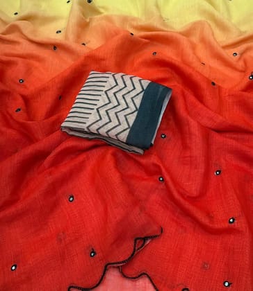 Launching new Soft Linen cotton Digital printed saree with aari work  & foil mirror work with aariwork cut work border