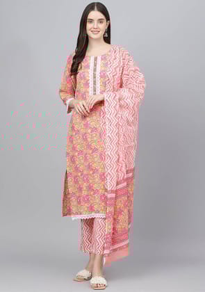 Peach Floral Printed Kurta Pant set With Dupatta-XS