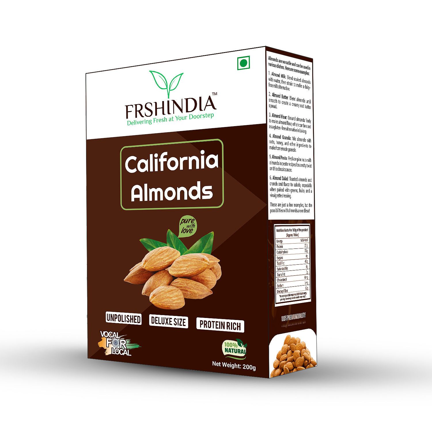 FrshIndia Premium California Almonds - Badam - High In Fiber & Boost Immunity, Real Nuts, Gluten Free, 200 gm