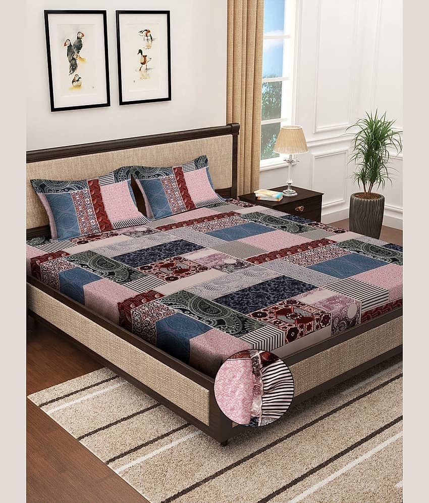 Klotthe Poly Cotton 1 Double Fitted Bedsheet with 2 Pillow Covers ( 250 cm x 225 cm ) , Multi
