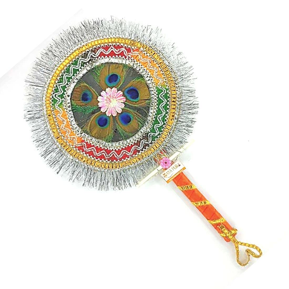 MAYAPURI Peacock Feather/Morpankh Pankha, More Pankh Fan, Round Shape (12 inches)
