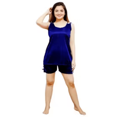 Stylish and Trendy Fashionable Women & Girls Satin Nightsuits(Navy Blue)