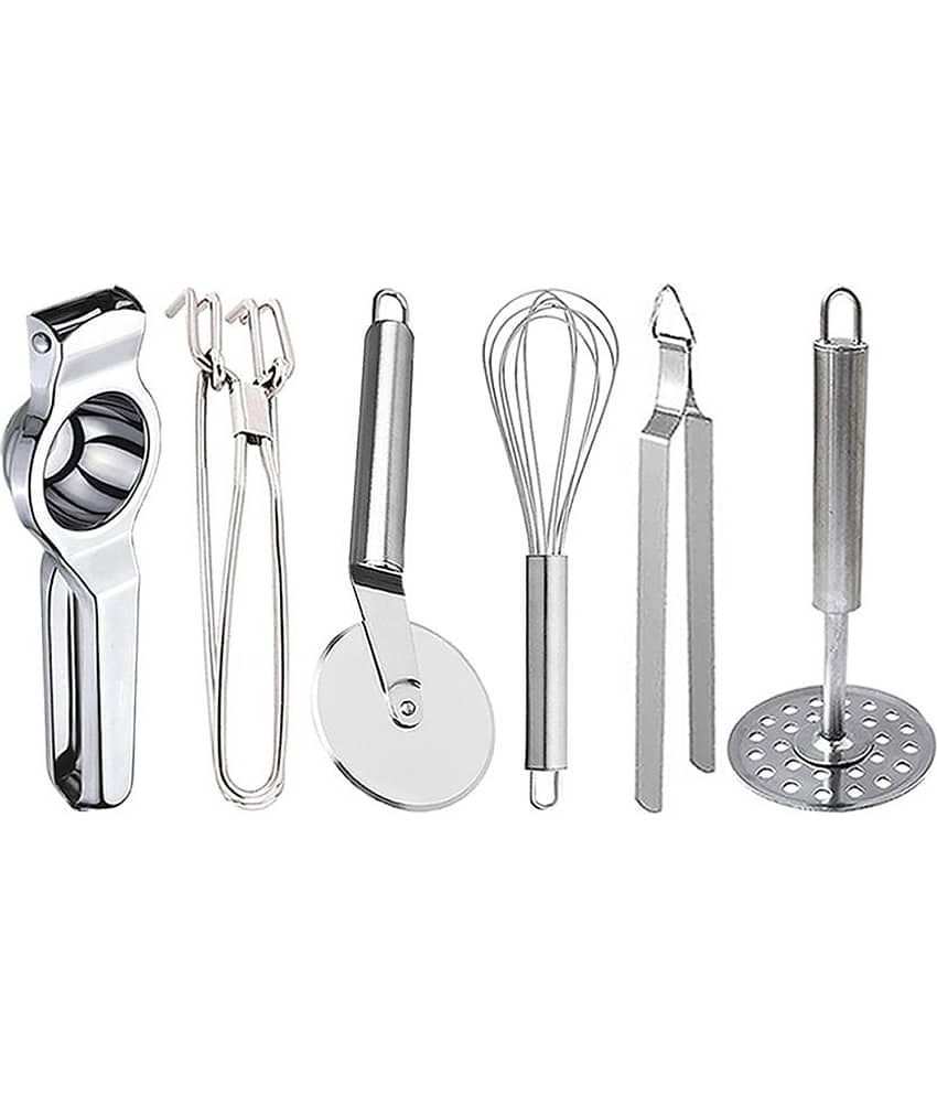 OC9 Silver Stainless Steel Lemon+Pakkad+Pizza Cutter+Whisk+Chimta+Masher ( Set of 6 )