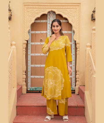 Juniper Women Viscose Printed Straight Kurti With Pants ( Mustard )