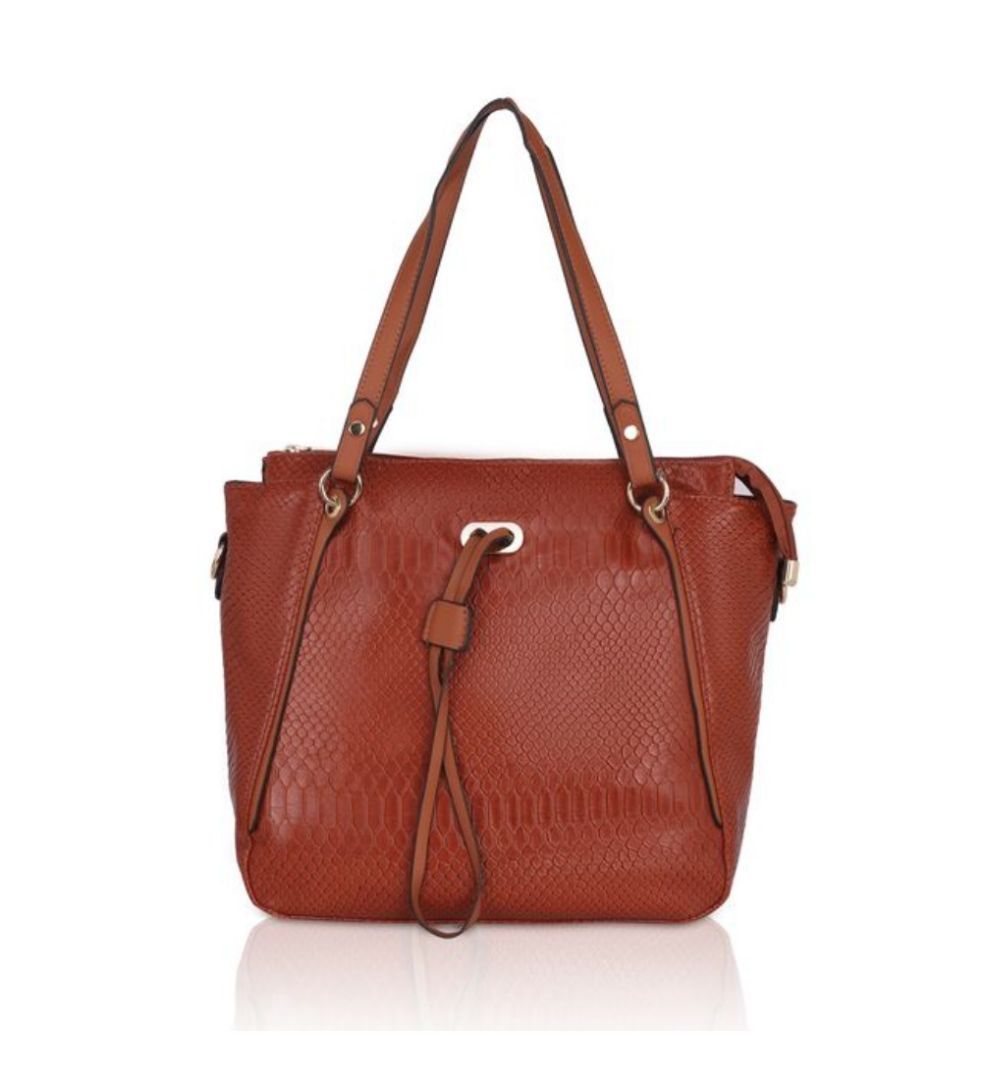 Women's Faux Leather Textured Tote Bag (Brown)