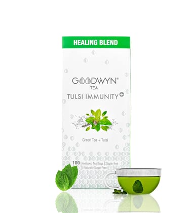 Goodwyn Tulsi Green Tea (100 Tea Bags) | Herbal Tea Made with Tulsi, Lemon & Ginger | 100% Natural | Plastic Free Tea Bags | Low Caffeine Non Bitter | Rich in Antioxidants