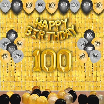 Happy 100th Birthday decoration kit combo 49 pcs Black Golden & silver 30 pcs rubber balloons, Happy Birthday foil banner with 100 Number foil, 2pcs Golden foil Curtain & air-pump