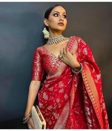 Rangtulika Ethnics Banarasi Silk Printed Saree With Unstitched Blouse Piece ( Red )