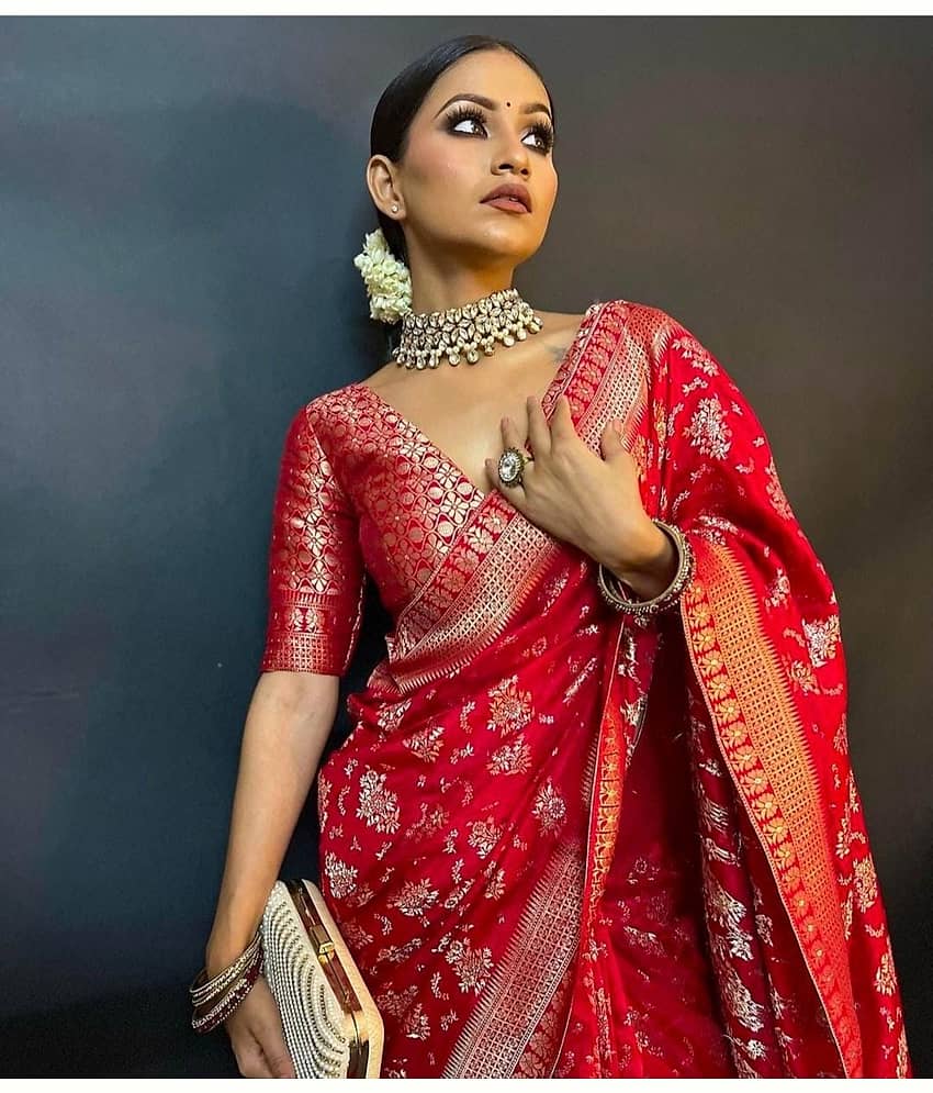 Rangtulika Ethnics Banarasi Silk Printed Saree With Unstitched Blouse Piece ( Red )