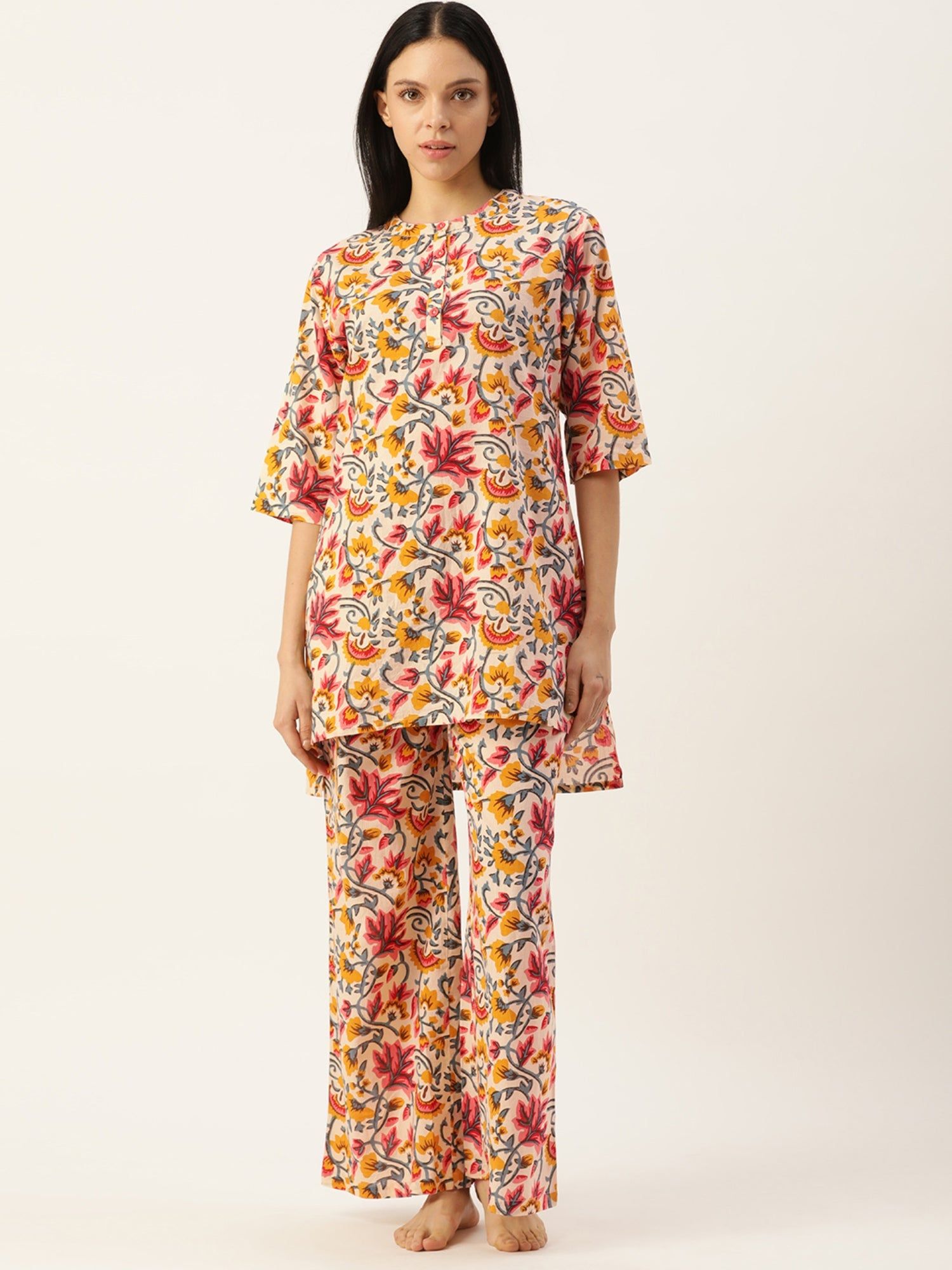 Floral Cream & Red  Kurta & Palazzo-M