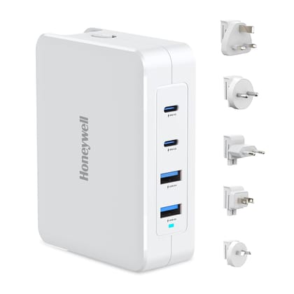 Honeywell Zest GaN 140W Charger,Ultra-Fast Wall Charger with PPS support,2xType C PD 3.0 Ports & 2xUSB A Port,Equipped with Switchable Plugs,Compatible with All smartphones and Smartwatches- White