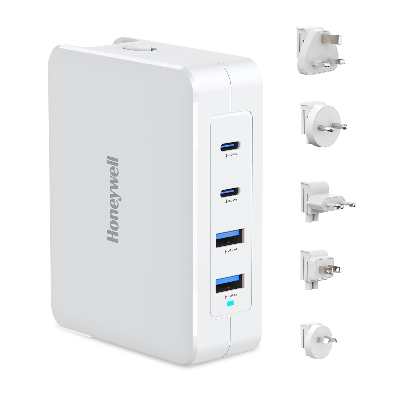 Honeywell Zest GaN 140W Charger,Ultra-Fast Wall Charger with PPS support,2xType C PD 3.0 Ports & 2xUSB A Port,Equipped with Switchable Plugs,Compatible with All smartphones and Smartwatches- White