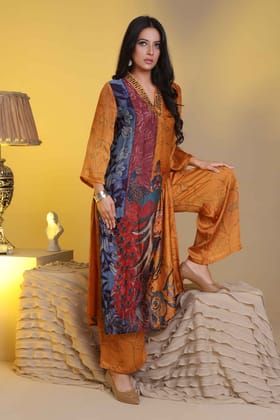 Mustard yellow with peacock placement print kurta palazzo set with hand embroidery on the neck-M