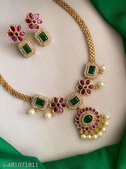 Floral Green & Red Stone Necklace Set Lightweight Gold Finish Pearl Drop