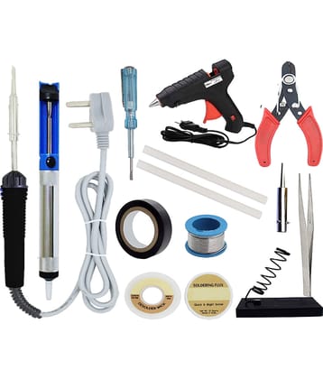 ALDECO: ( 14 in 1 ) 25 Watt Soldering Iron Kit With- Blue Iron, Wire, Flux, Wick, Stand, Cutter, Tester, Bit, Desoldering Pump ,Tweezer, Tape, Glue Gun, 2 Glue Stick