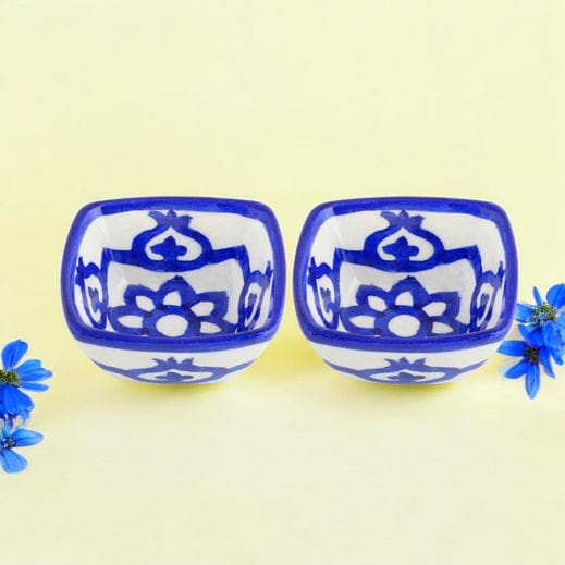 Set of 2 Floral Pattern Blue Pottery BowlsWhite and Blue4