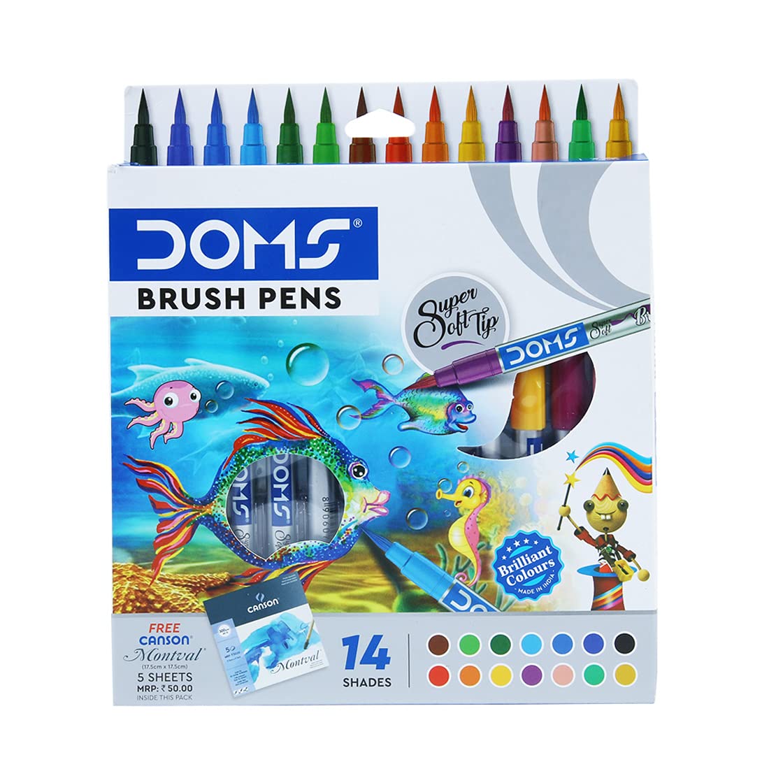 Doms 14 Shades Brush Pen Box Pack, Super Soft Tip With Brilliant Colors, Water Based Ink Which Gives Water Color Effect, Pack Of 1, Multicolor