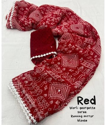 Gullak Georgette Printed Saree With Unstitched Blouse Piece ( Red )