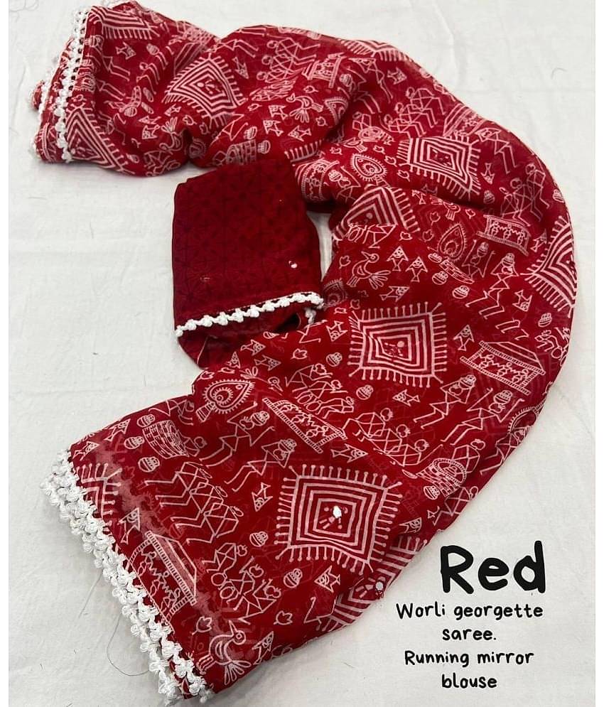 Gullak Georgette Printed Saree With Unstitched Blouse Piece ( Red )