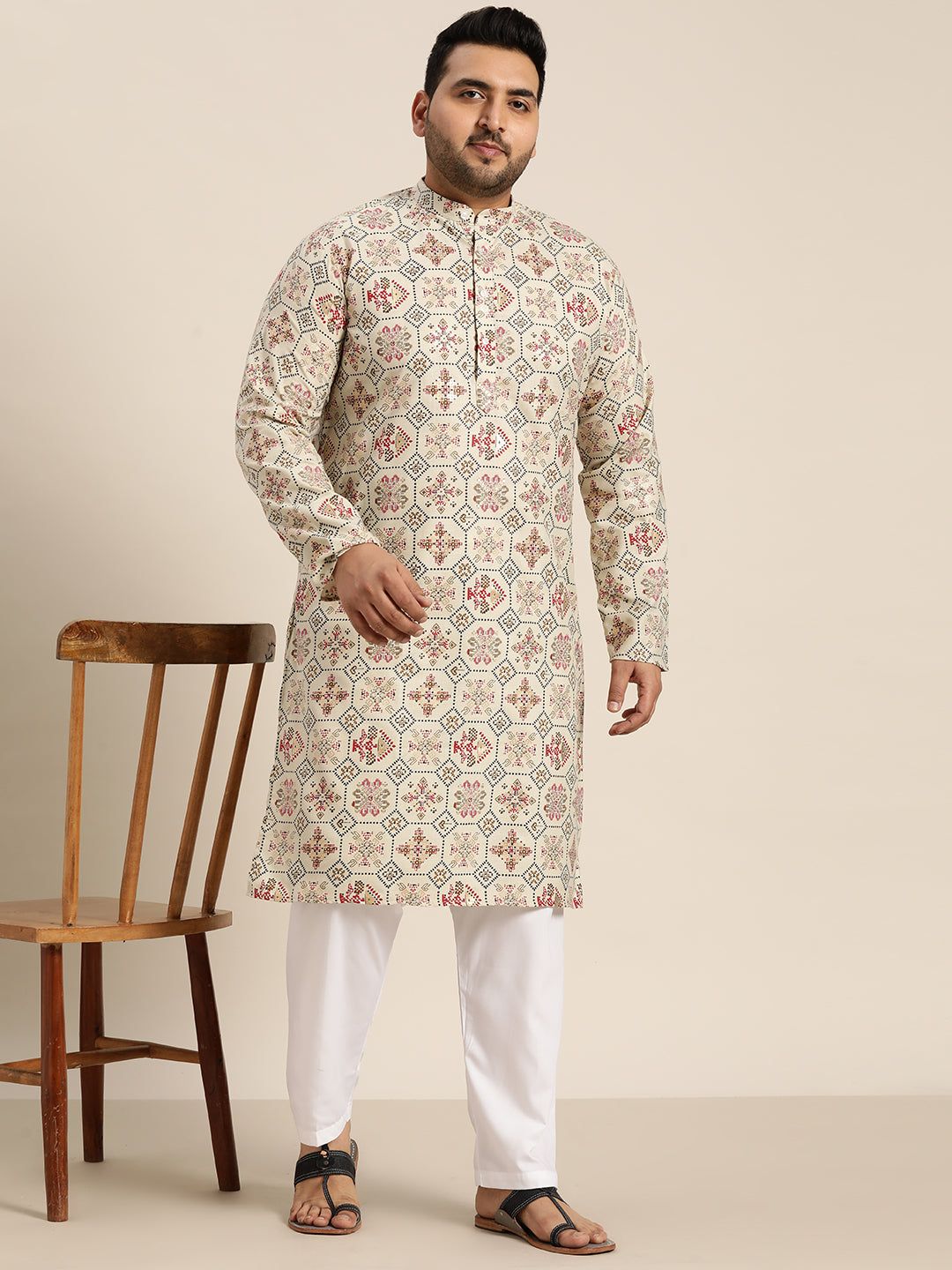 Men's Cotton Linen Cream and Multi Printed Kurta and White Pyjama-44