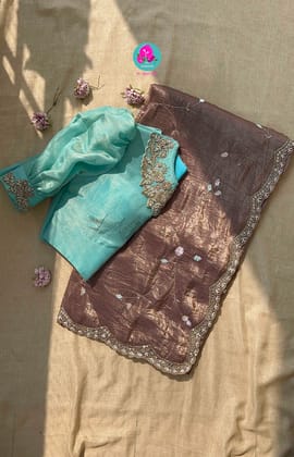 Hand embroidered soft crush organza saree paired with hand embroidered Blouse-2XS