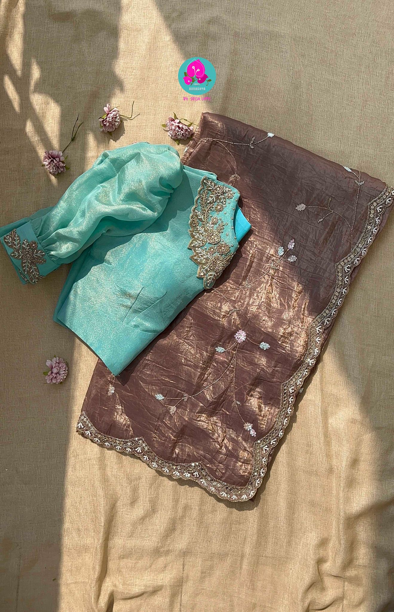 Hand embroidered soft crush organza saree paired with hand embroidered Blouse-2XS