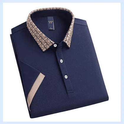 Geometric Grid Collar Luxe Polo T-Shirt-M / Navy Blue