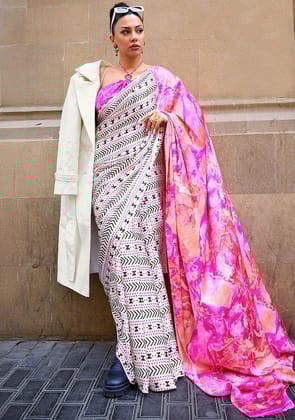 White And Pink Printed Satin Crepe Saree