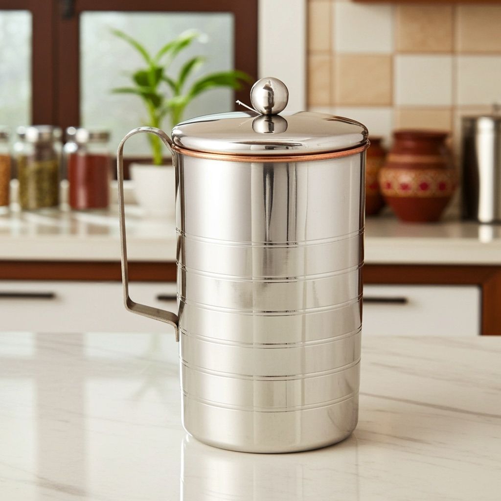 Copper & Steel Water Jug – 1.7 Liter | Large Capacity Kitchen Pitcher, Height : 10 Inch (ZMAS279 C)