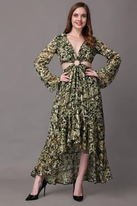Green Camouflage Printed Asymmetric Dress-L / Green