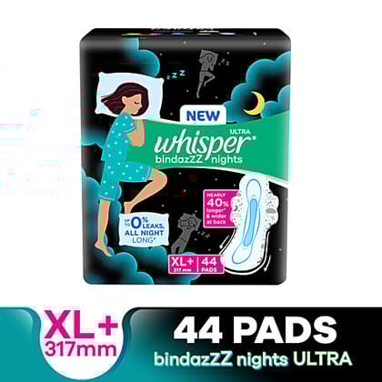Whisper Bindazzz Nights Sanitary Pads - Wider Back, Up To 0% Leak, Provides All Night Protection, XL+, 44 pcs