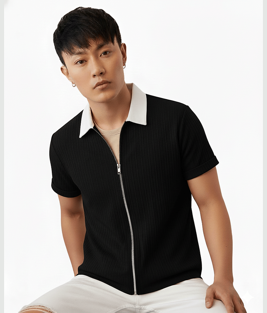 Try This Men Cotton Blend Regular Fit Solid Polo T Shirt ( Black )