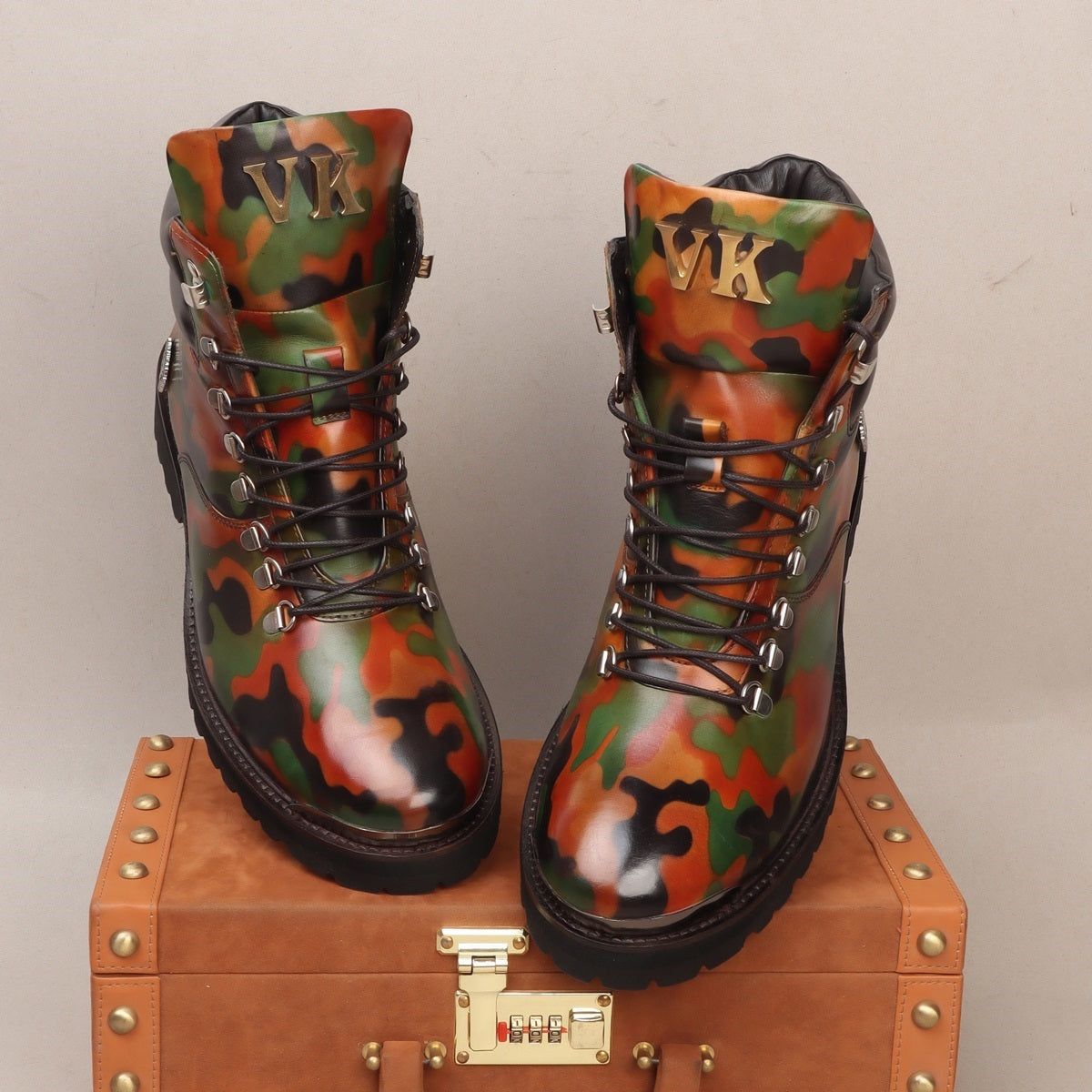 Customized "VK" Initial Camo Hand-Paint Leather Biker Boots For Men By Brune & Bareskin-40/6