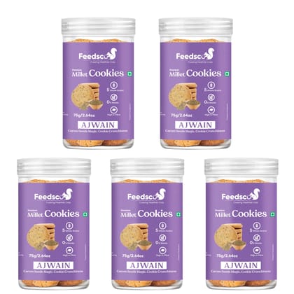 Feedsco Ajwain Millet Cookies (75g x 5 Packs) - Tasty & Healthy Snack with Natural Sweetness - Ajwain (carom seed) Flavour, Best Healthy Cookies for Kids & Adults