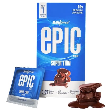 Manforce Epic Desire Super Thin Silk Chocolate Flavoured Premium Condoms with Disposable Pouch- 10 Counts