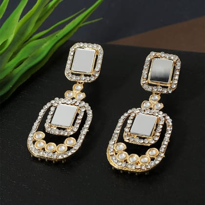 Gold-Toned Square Shaped Mirror and Kundan Drop Earrings
