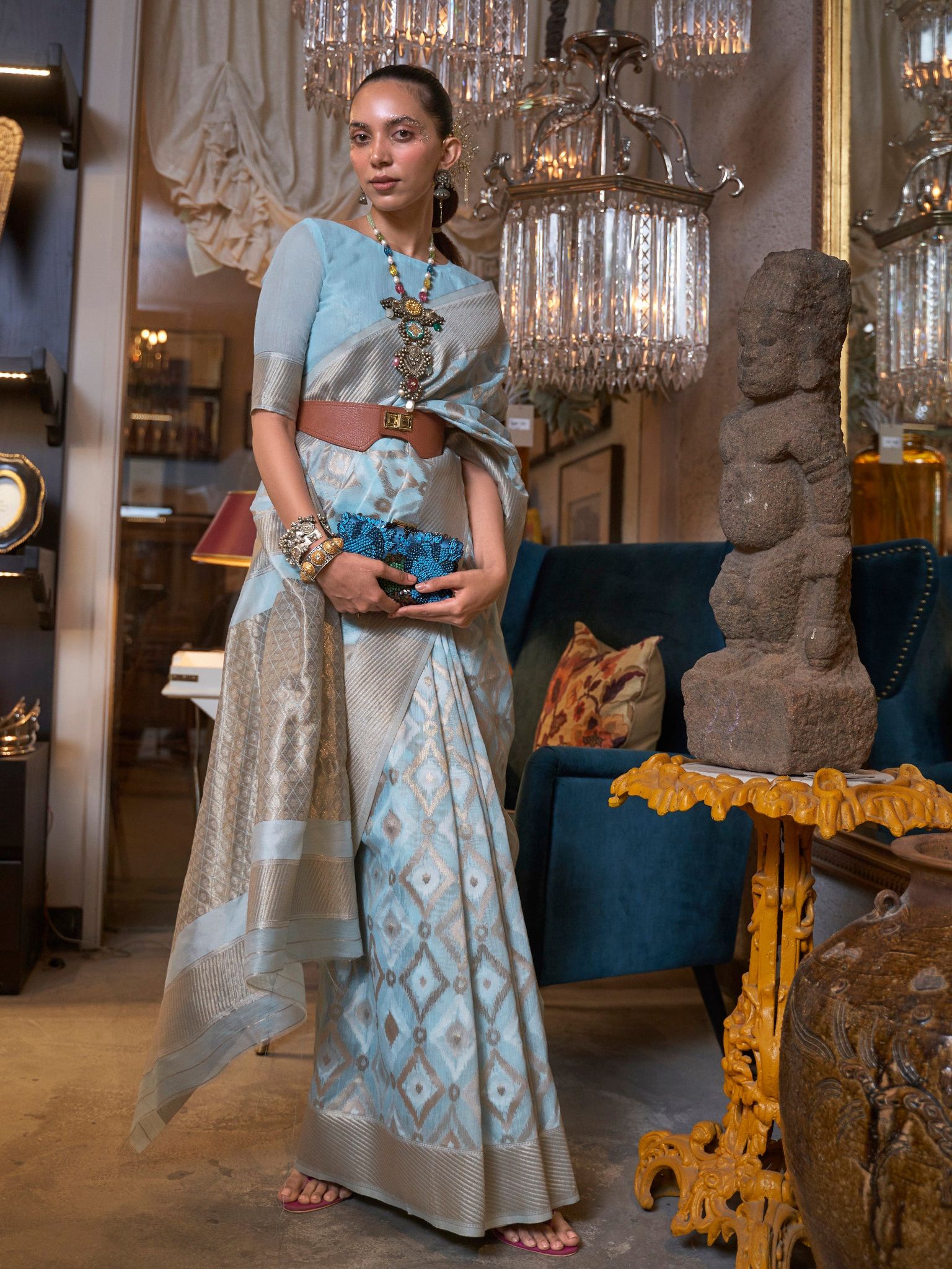 Blue Pure Linen Ikkat Patola Saree
