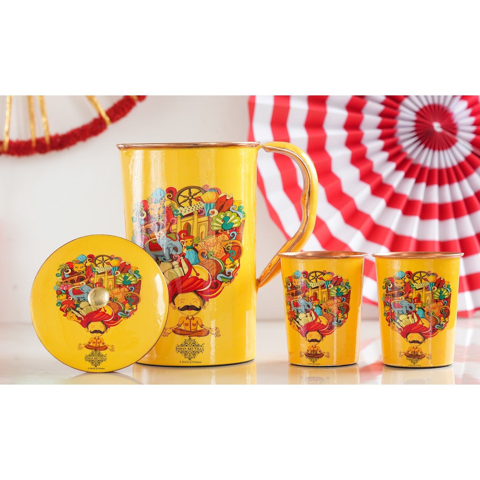 Pure Copper Printed Padharo Mhare Desh Jug & Glass Gift Set-3