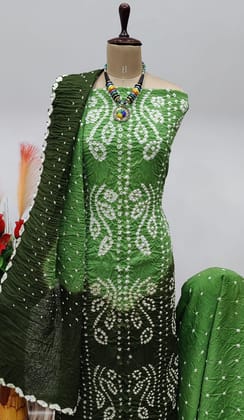 Cotton Satin Self Contrast Tye n dye Kutch Bandhani Dress Material-Unstitched / Green