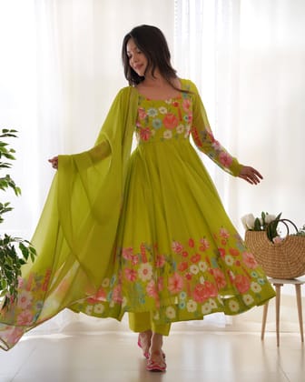 Timeless Floral Printed Organza Anarkali Suit Set – Perfect for the Festive and Wedding Season-xs