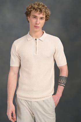 Cream Collar Zip T-Shirt-M