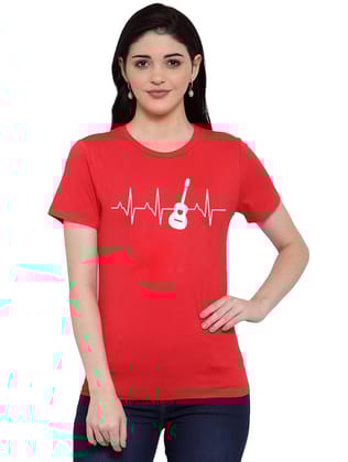Women's Cotton Blend Bass Guitar Heartbeat Line Art Printed T-Shirt XL (Red)
